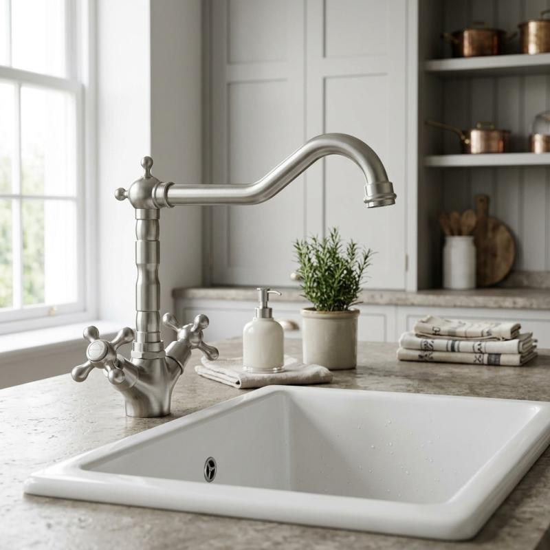 Aquanello Heritage Ascot Klassieke Keuken Nostalgische Keukenkraan RVS met Haakse Uitloоp NB-4002-HA